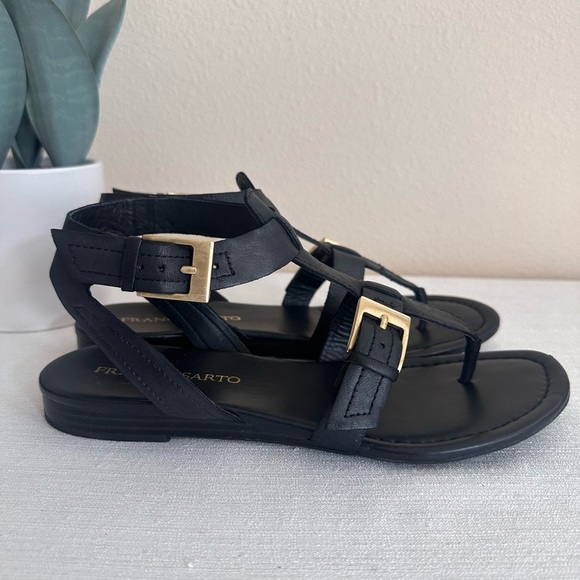 Franco Sarto Shoes - Franco Sarto Genet Black Leather Strap Gold Buckle Flat Sandals Women’s 9M